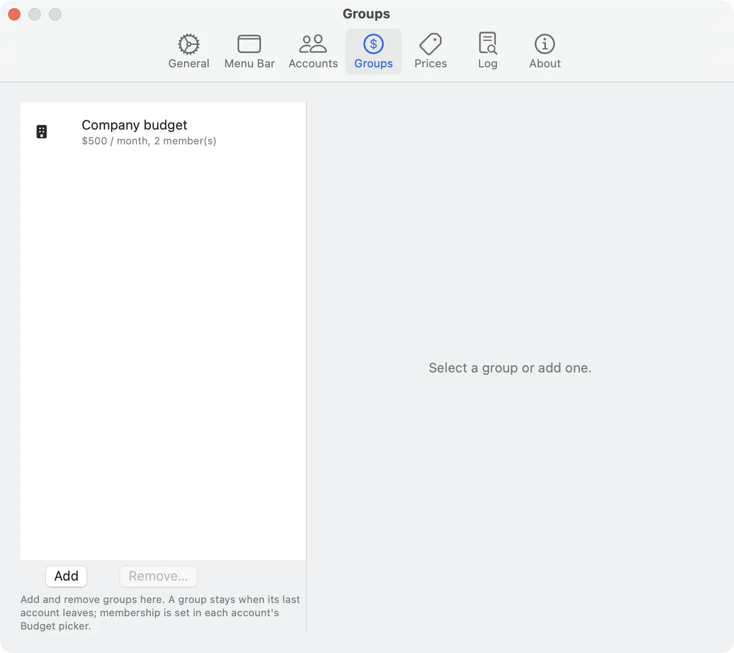 Settings, Groups tab, with a shared monthly company budget
